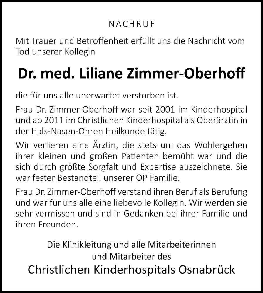  Traueranzeige für Liliane Zimmer-Oberhoff vom 22.09.2022 aus Neue Osnabrücker Zeitung GmbH & Co. KG
