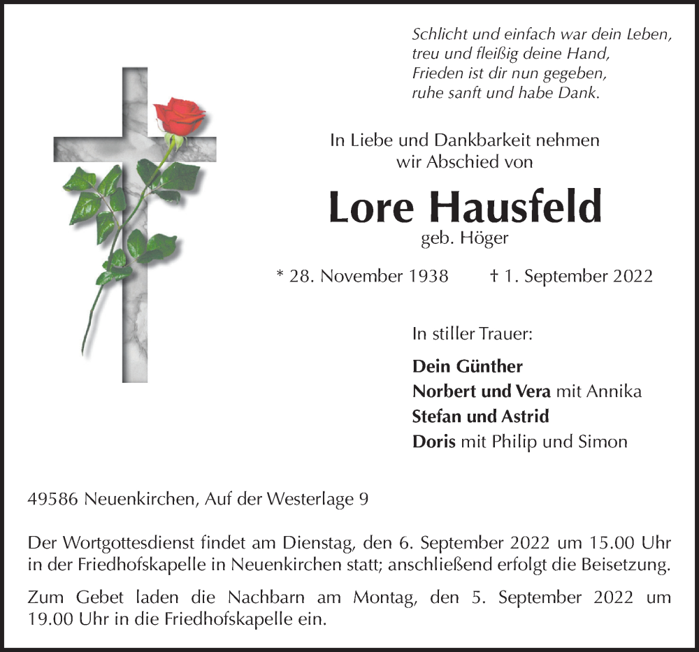  Traueranzeige für Lore Hausfeld vom 03.09.2022 aus Neue Osnabrücker Zeitung GmbH & Co. KG