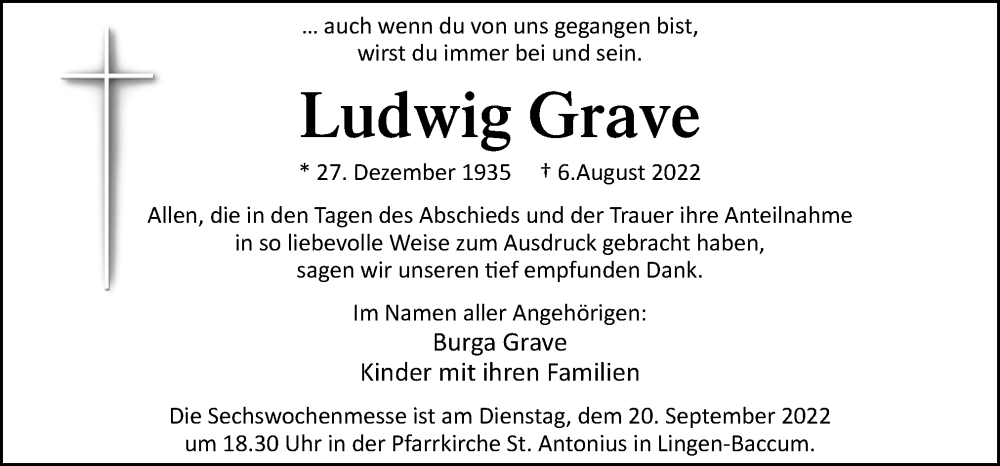  Traueranzeige für Ludwig Grave vom 17.09.2022 aus Neue Osnabrücker Zeitung GmbH & Co. KG