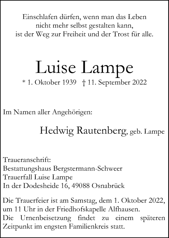 Traueranzeige von Luise Lampe von Neue Osnabrücker Zeitung GmbH & Co. KG