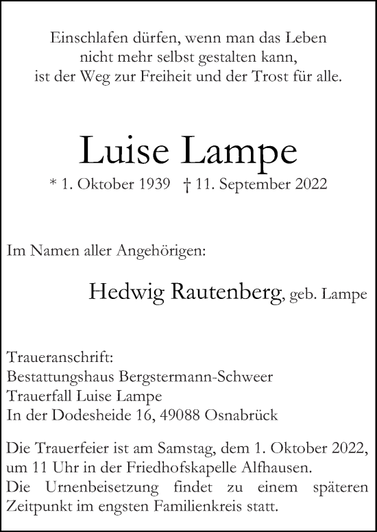 Traueranzeige von Luise Lampe von Neue Osnabrücker Zeitung GmbH & Co. KG