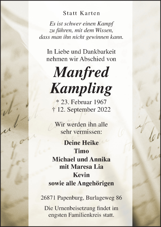 Traueranzeige von Manfred Kampling von Neue Osnabrücker Zeitung GmbH & Co. KG
