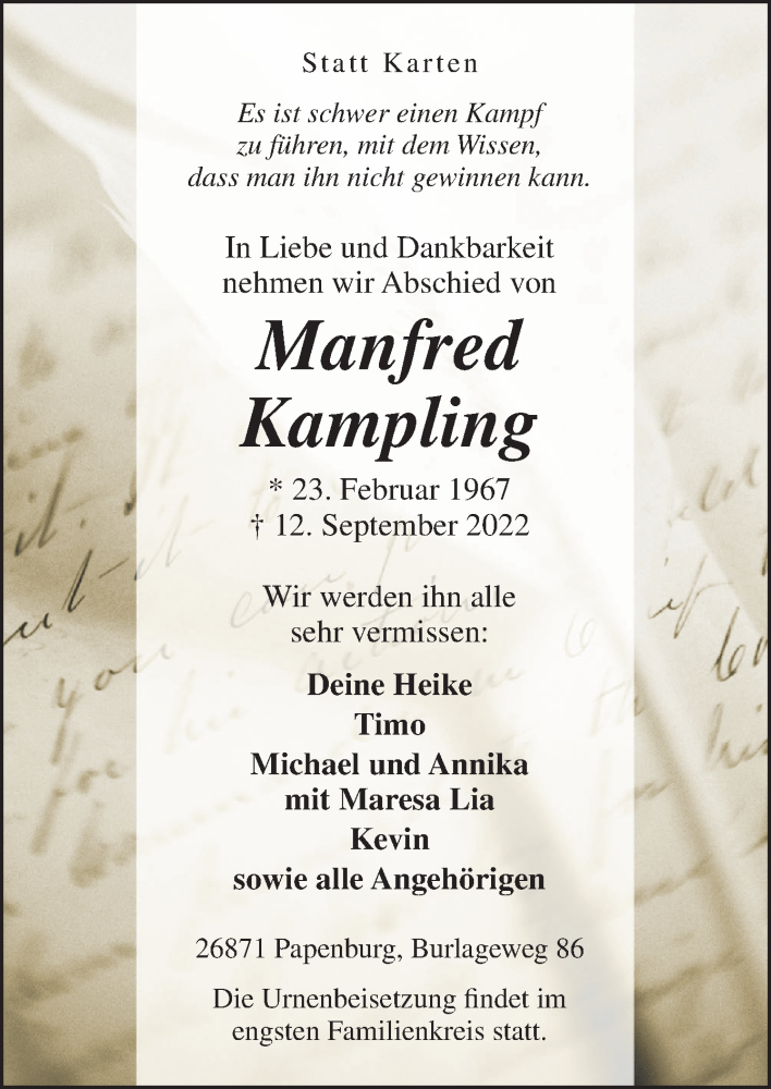  Traueranzeige für Manfred Kampling vom 17.09.2022 aus Neue Osnabrücker Zeitung GmbH & Co. KG