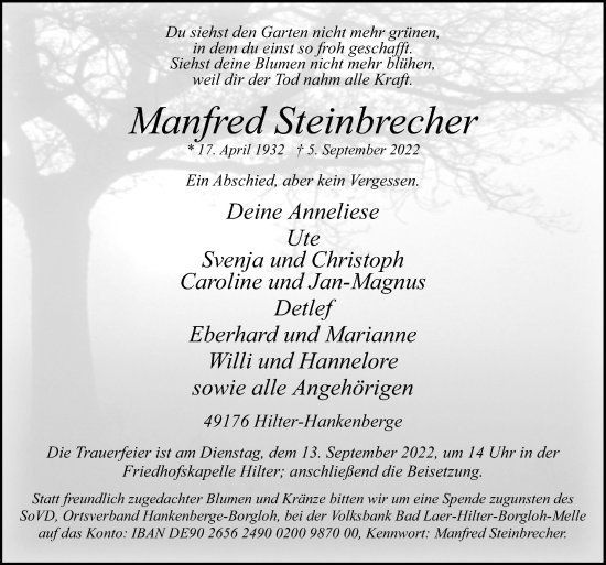 Traueranzeige von Manfred Steinbrecher von Neue Osnabrücker Zeitung GmbH & Co. KG