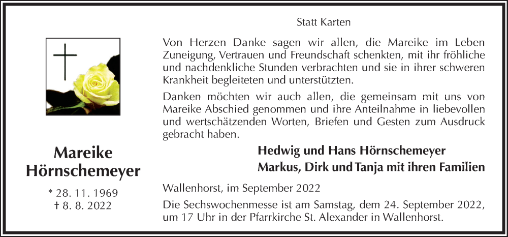  Traueranzeige für Mareike Hörnschemeyer vom 21.09.2022 aus Neue Osnabrücker Zeitung GmbH & Co. KG