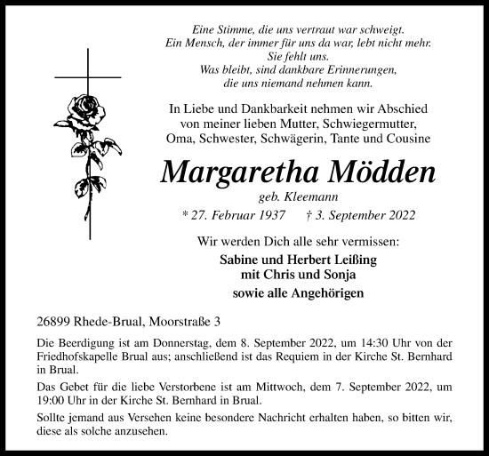 Traueranzeige von Margaretha Mödden von Neue Osnabrücker Zeitung GmbH & Co. KG