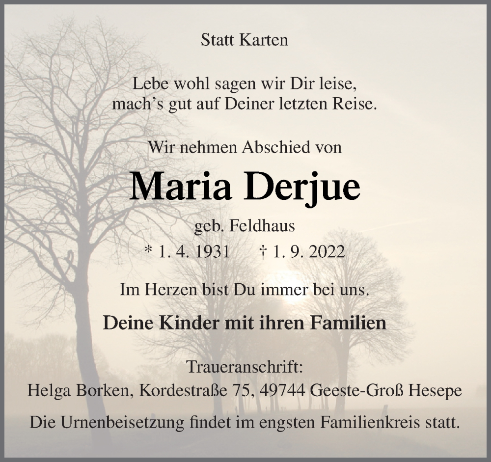  Traueranzeige für Maria Derjue vom 03.09.2022 aus Neue Osnabrücker Zeitung GmbH & Co. KG