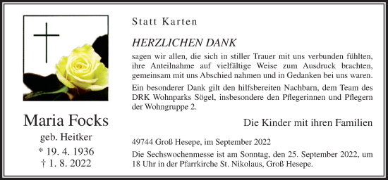 Traueranzeige von Maria Focks von Neue Osnabrücker Zeitung GmbH & Co. KG