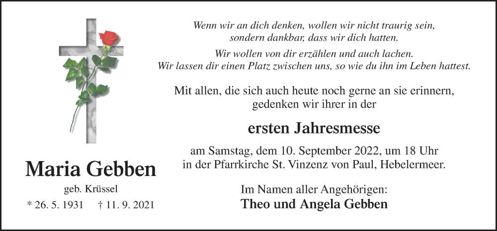  Traueranzeige für Maria Gebben vom 07.09.2022 aus Neue Osnabrücker Zeitung GmbH & Co. KG