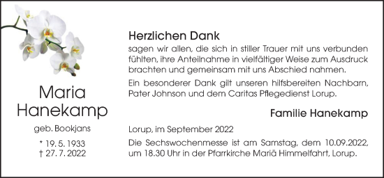 Traueranzeige von Maria Hanekamp von Neue Osnabrücker Zeitung GmbH & Co. KG