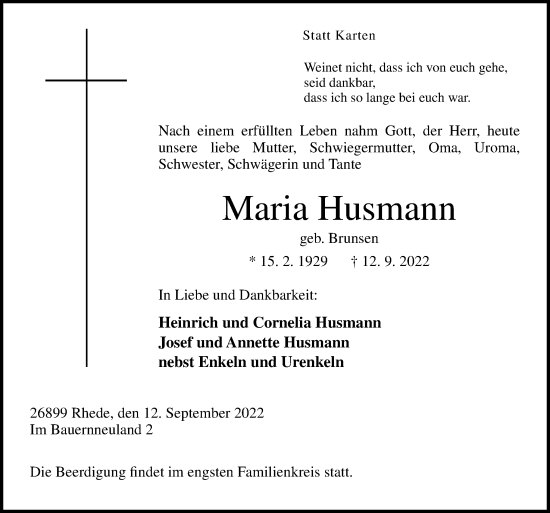 Traueranzeige von Maria Husmann von Neue Osnabrücker Zeitung GmbH & Co. KG