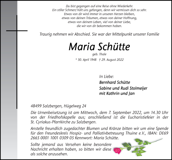 Traueranzeige von Maria Schütte von Neue Osnabrücker Zeitung GmbH & Co. KG