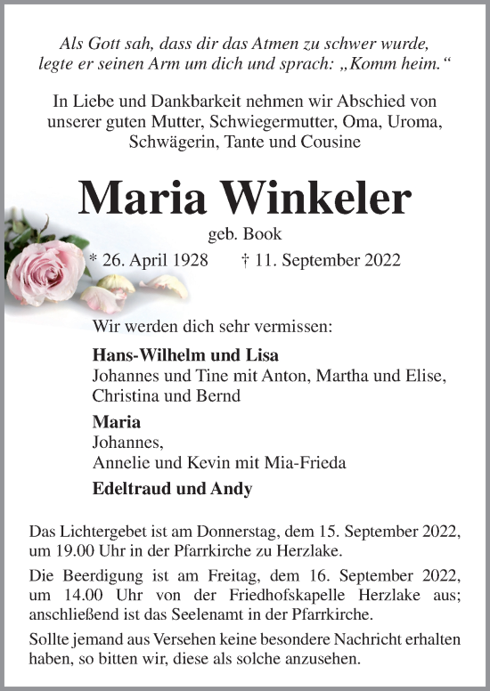 Traueranzeige von Maria Winkeler von Neue Osnabrücker Zeitung GmbH & Co. KG