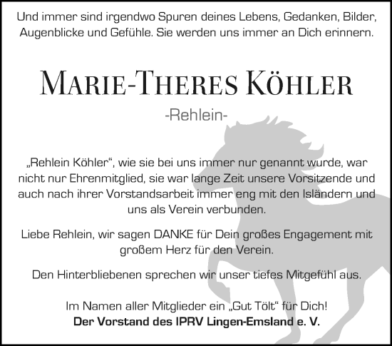 Traueranzeige von Marie-Theres Köhler von Neue Osnabrücker Zeitung GmbH & Co. KG