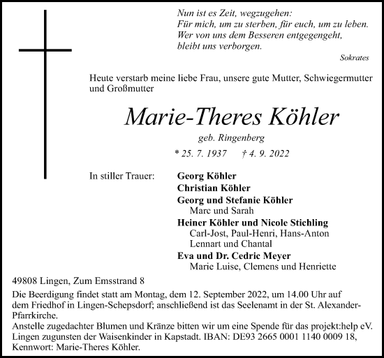 Traueranzeige von Marie-Theres Köhler von Neue Osnabrücker Zeitung GmbH & Co. KG
