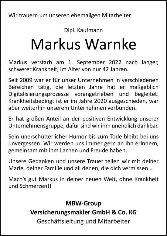 Traueranzeige von Markus Warnke von Neue Osnabrücker Zeitung GmbH & Co. KG