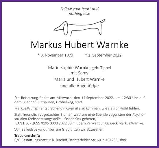 Traueranzeige von Markus Hubert Warnke von Neue Osnabrücker Zeitung GmbH & Co. KG