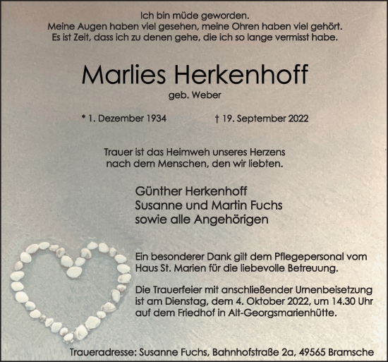 Traueranzeige von Marlies Herkenhoff von Neue Osnabrücker Zeitung GmbH & Co. KG