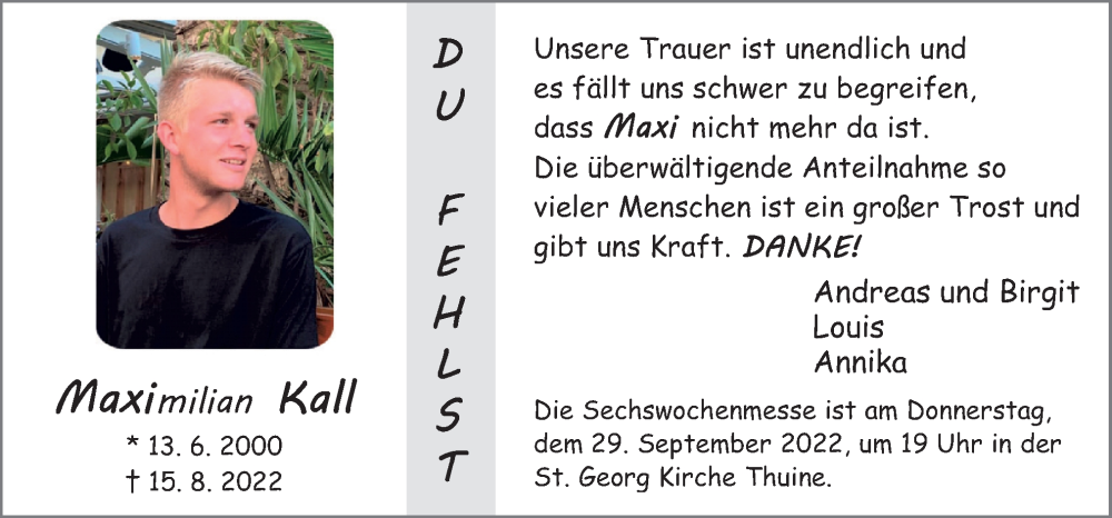  Traueranzeige für Maximilian Kall vom 26.09.2022 aus Neue Osnabrücker Zeitung GmbH & Co. KG
