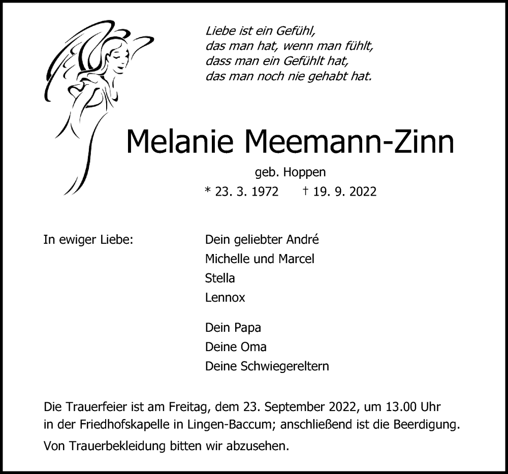  Traueranzeige für Melanie Meemann-Zinn vom 22.09.2022 aus Neue Osnabrücker Zeitung GmbH & Co. KG