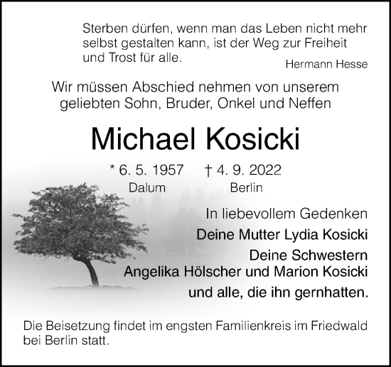 Traueranzeige von Michael Kosicki von Neue Osnabrücker Zeitung GmbH & Co. KG