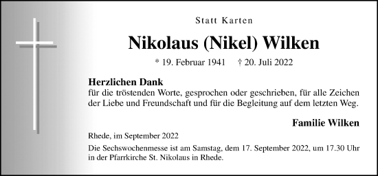 Traueranzeige von Nikolaus  Wilken von Neue Osnabrücker Zeitung GmbH & Co. KG