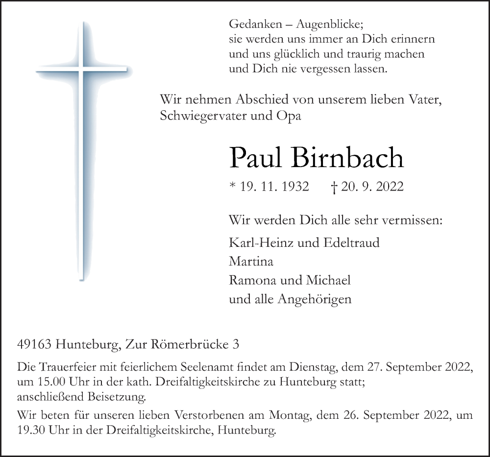  Traueranzeige für Paul Birnbach vom 23.09.2022 aus Neue Osnabrücker Zeitung GmbH & Co. KG