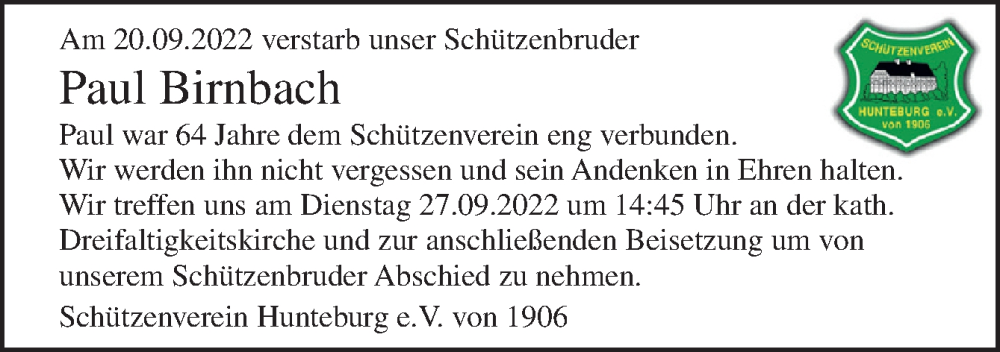  Traueranzeige für Paul Birnbach vom 27.09.2022 aus Neue Osnabrücker Zeitung GmbH & Co. KG