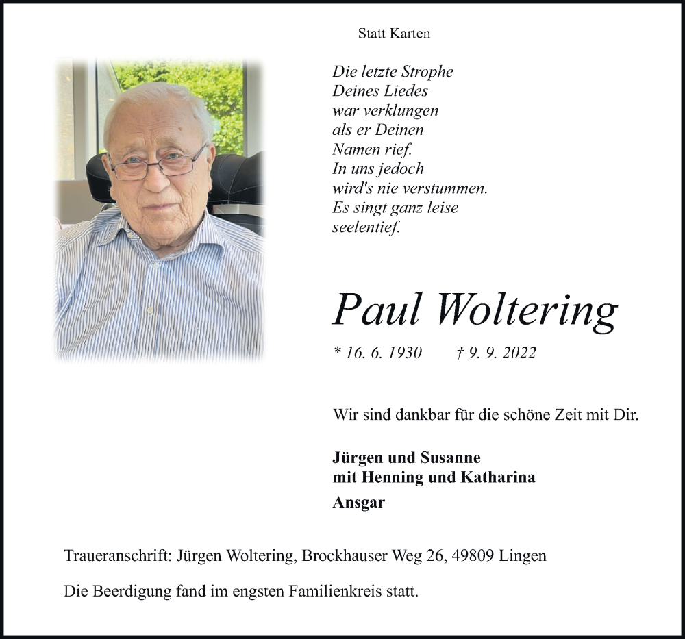  Traueranzeige für Paul Woltering vom 21.09.2022 aus Neue Osnabrücker Zeitung GmbH & Co. KG