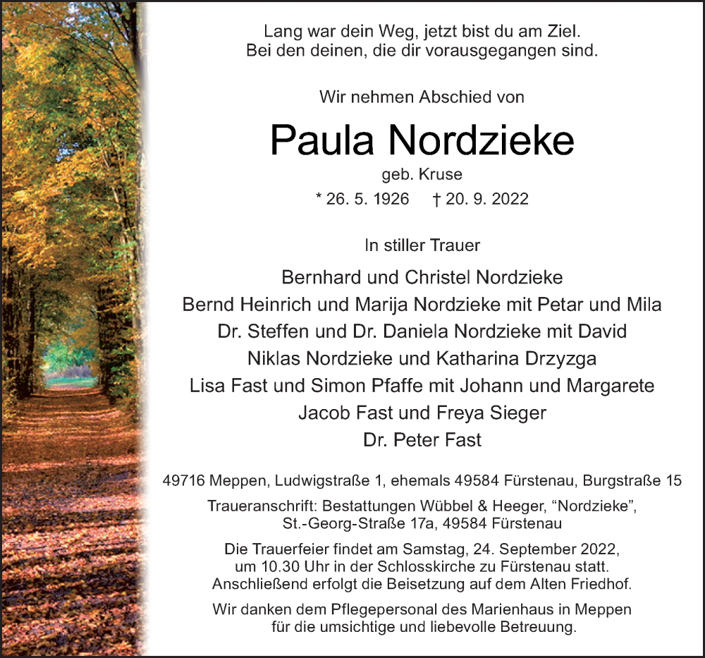  Traueranzeige für Paula Nordzieke vom 22.09.2022 aus Neue Osnabrücker Zeitung GmbH & Co. KG