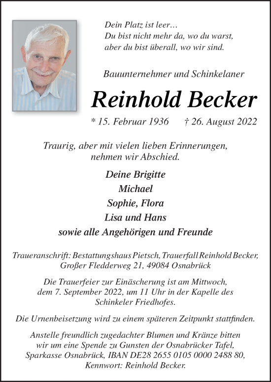 Traueranzeige von Reinhold Becker von Neue Osnabrücker Zeitung GmbH & Co. KG
