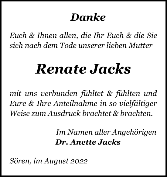 Traueranzeige von Renate Jacks von Neue Osnabrücker Zeitung GmbH & Co. KG