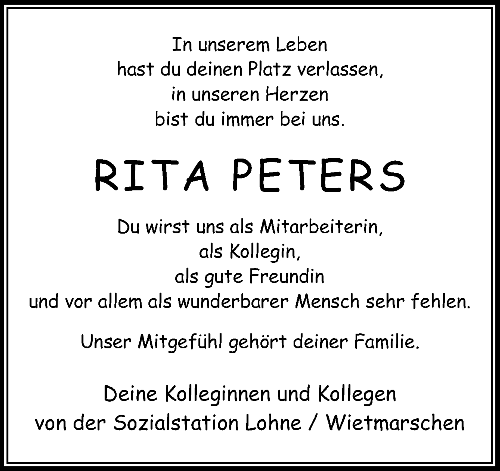  Traueranzeige für Rita Peters vom 02.09.2022 aus Neue Osnabrücker Zeitung GmbH & Co. KG