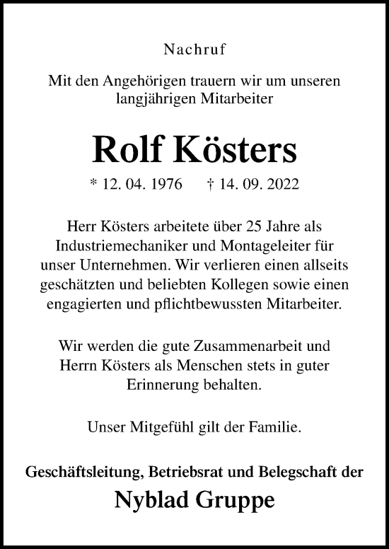 Traueranzeige von Rolf Kösters von Neue Osnabrücker Zeitung GmbH & Co. KG