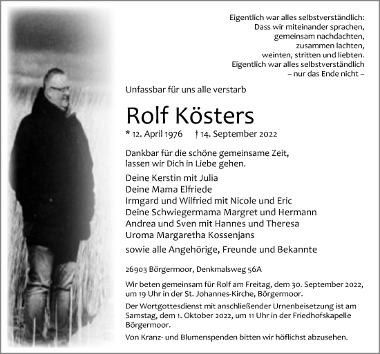 Traueranzeige von Rolf Kösters von Neue Osnabrücker Zeitung GmbH & Co. KG