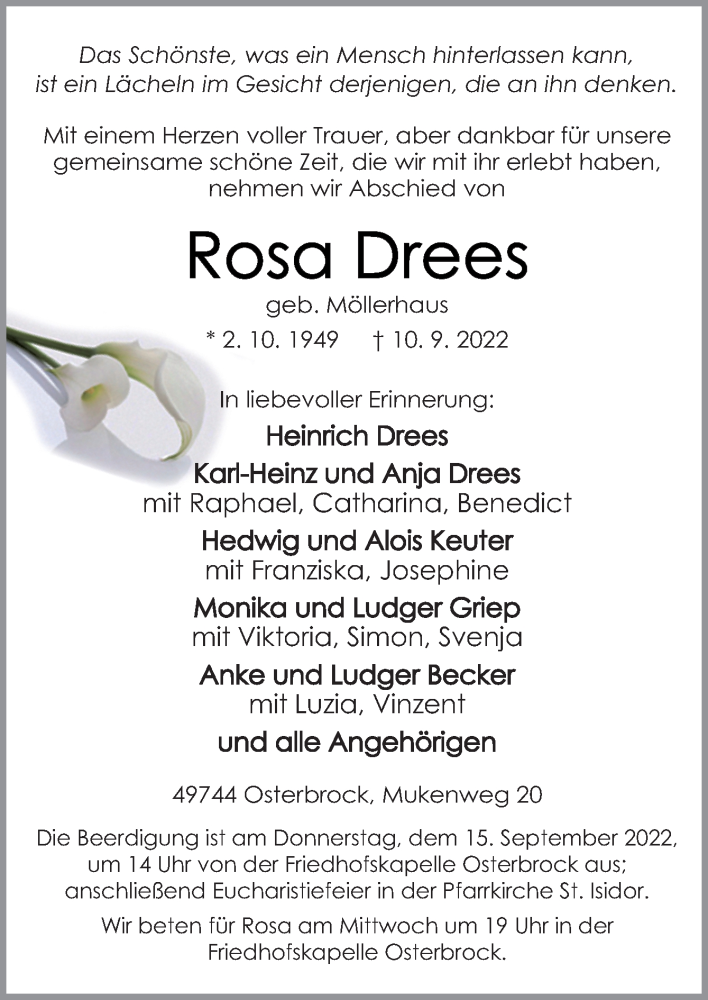  Traueranzeige für Rosa Drees vom 13.09.2022 aus Neue Osnabrücker Zeitung GmbH & Co. KG