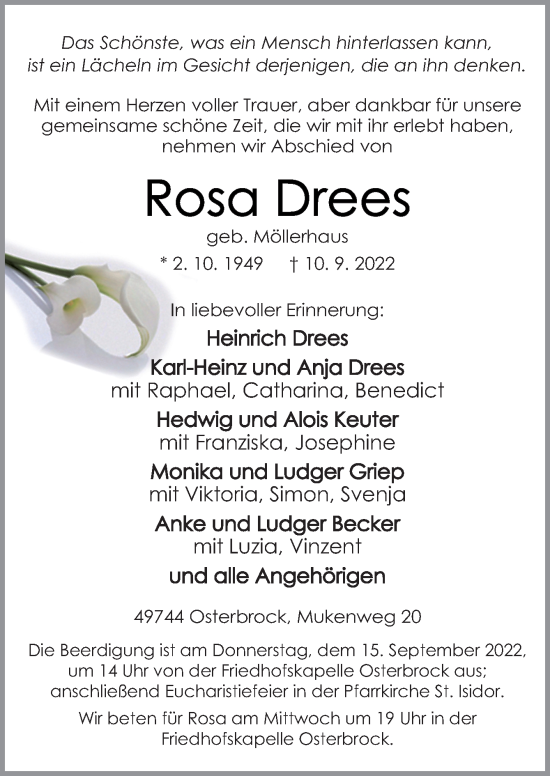 Traueranzeige von Rosa Drees von Neue Osnabrücker Zeitung GmbH & Co. KG