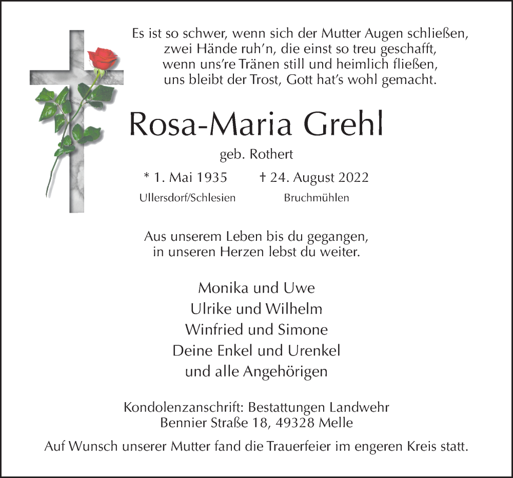  Traueranzeige für Rosa-Maria Grehl vom 10.09.2022 aus Neue Osnabrücker Zeitung GmbH & Co. KG