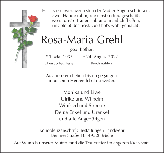 Traueranzeige von Rosa-Maria Grehl von Neue Osnabrücker Zeitung GmbH & Co. KG