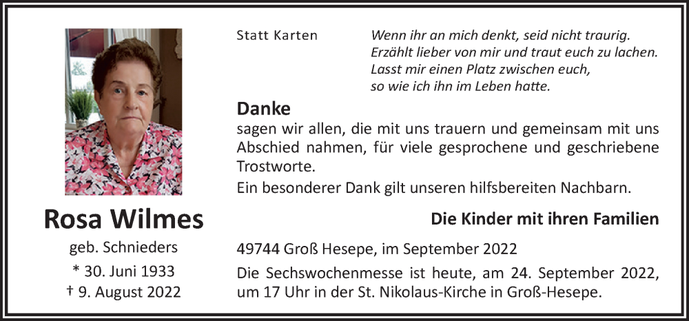  Traueranzeige für Rosa Wilmes vom 24.09.2022 aus Neue Osnabrücker Zeitung GmbH & Co. KG