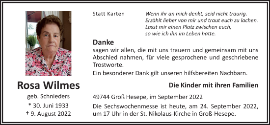 Traueranzeige von Rosa Wilmes von Neue Osnabrücker Zeitung GmbH & Co. KG