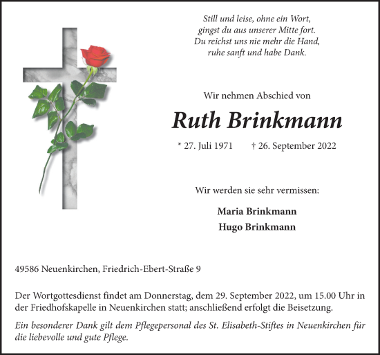Traueranzeige von Ruth Brinkmann von Neue Osnabrücker Zeitung GmbH & Co. KG