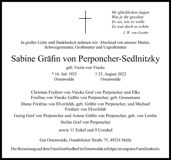 Traueranzeige von Sabine Gräfin von Perponcher-Sedlnitzky von Neue Osnabrücker Zeitung GmbH & Co. KG