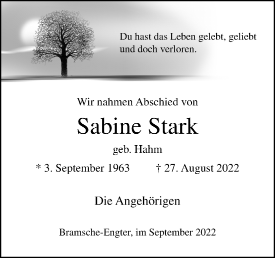 Traueranzeige von Sabine Stark von Neue Osnabrücker Zeitung GmbH & Co. KG