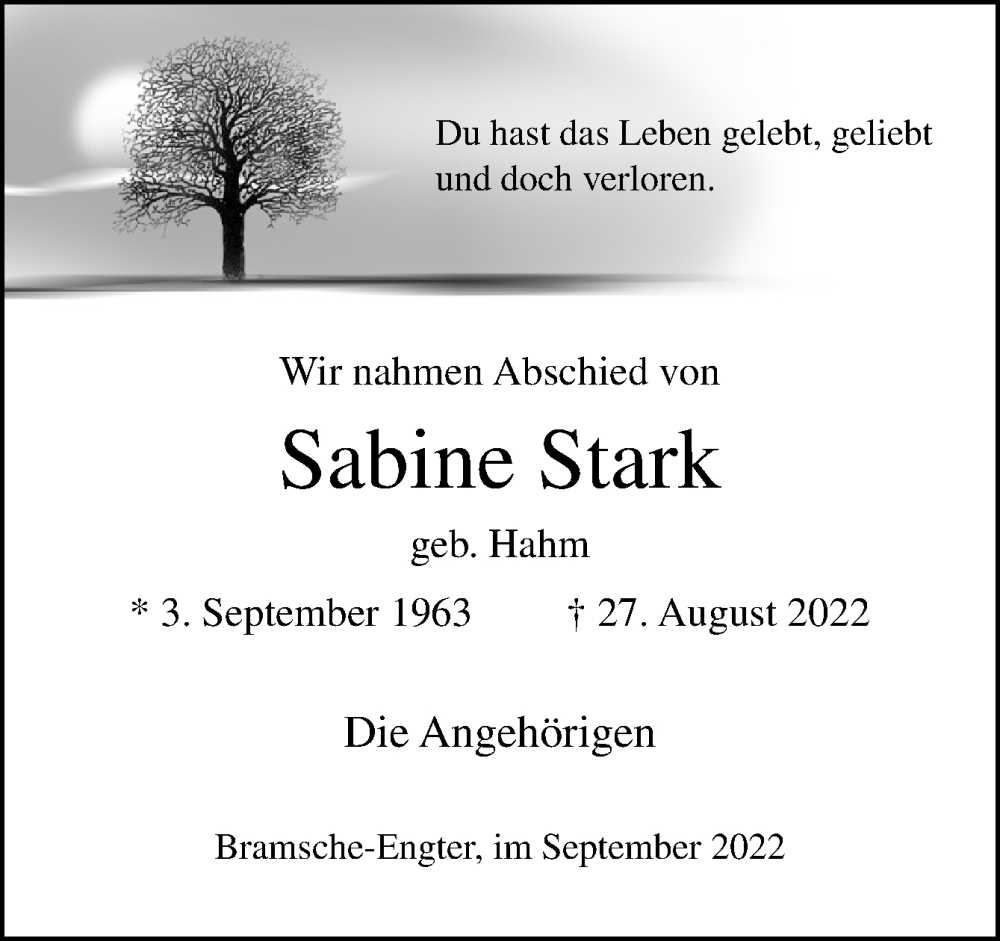  Traueranzeige für Sabine Stark vom 10.09.2022 aus Neue Osnabrücker Zeitung GmbH & Co. KG