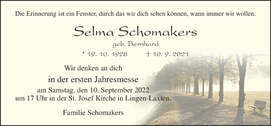 Traueranzeige von Selma Schomakers von Neue Osnabrücker Zeitung GmbH & Co. KG