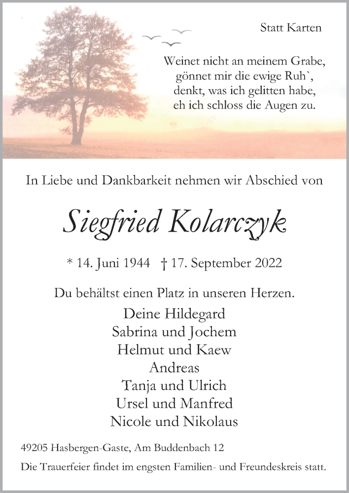  Traueranzeige für Siegfried Kolarczyk vom 24.09.2022 aus Neue Osnabrücker Zeitung GmbH & Co. KG