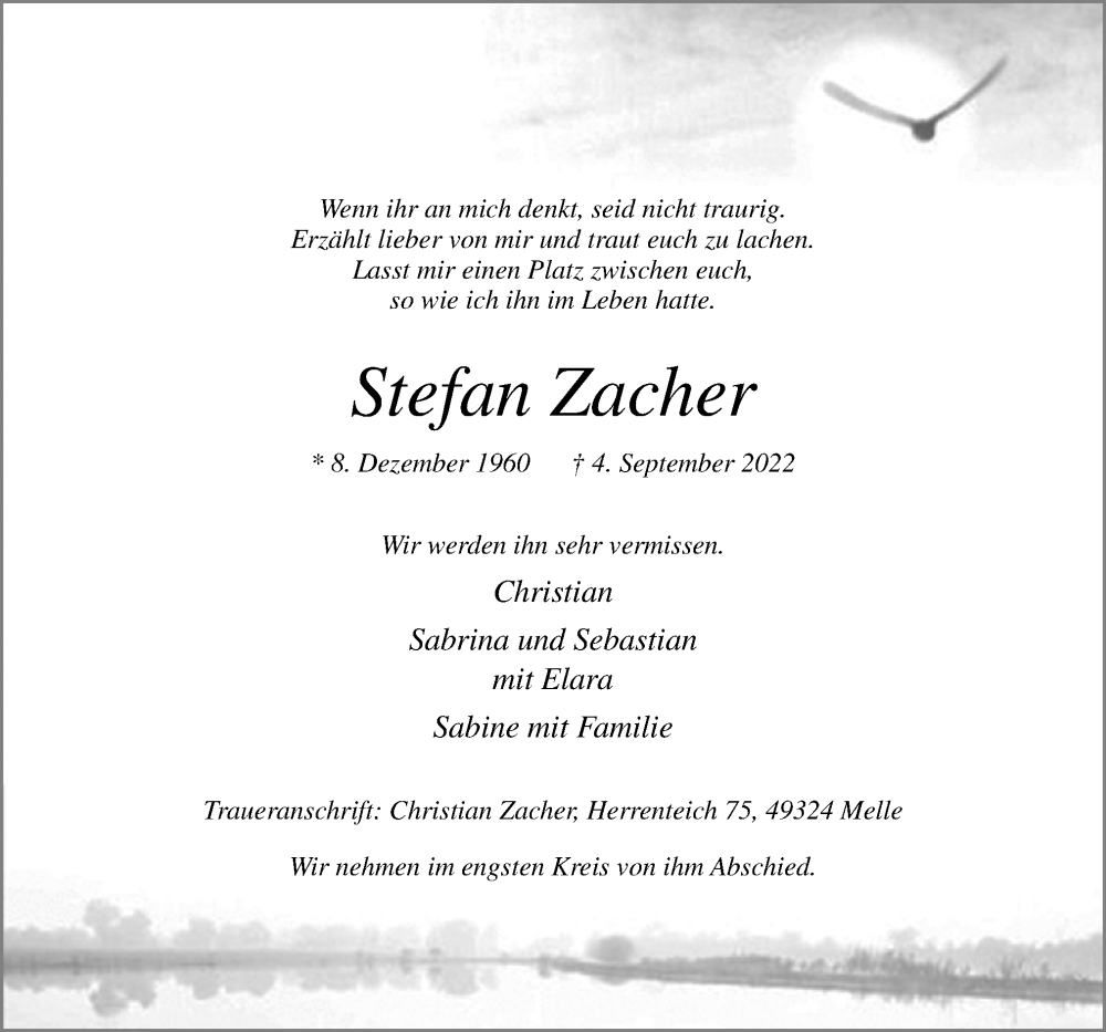  Traueranzeige für Stefan Zacher vom 17.09.2022 aus Neue Osnabrücker Zeitung GmbH & Co. KG