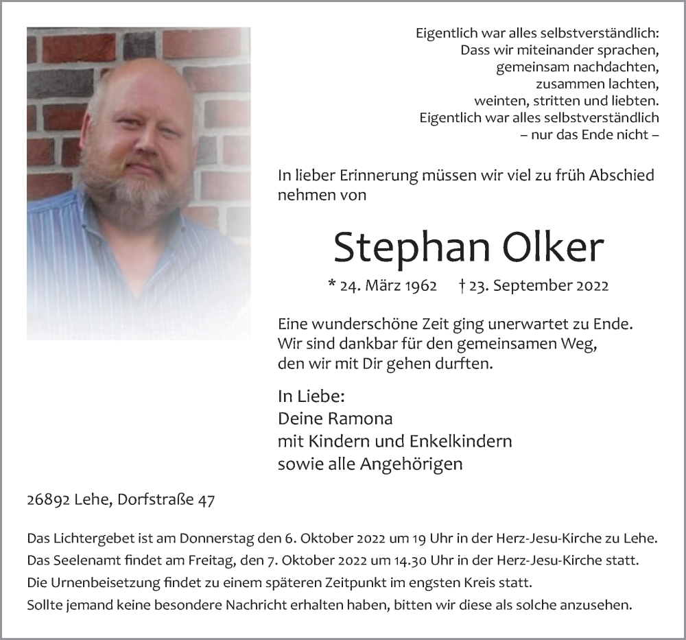  Traueranzeige für Stephan Olker vom 26.09.2022 aus Neue Osnabrücker Zeitung GmbH & Co. KG