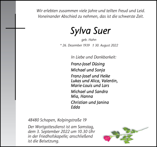 Traueranzeige von Sylva Suer von Neue Osnabrücker Zeitung GmbH & Co. KG